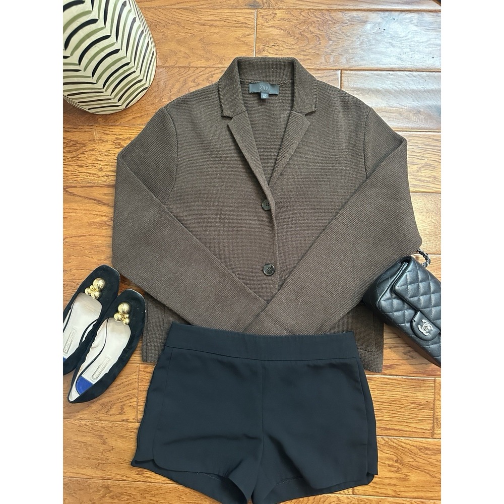 ZARA Womens Large Brown Heavyweight Knit Blazer Cardigan Sweater Structured